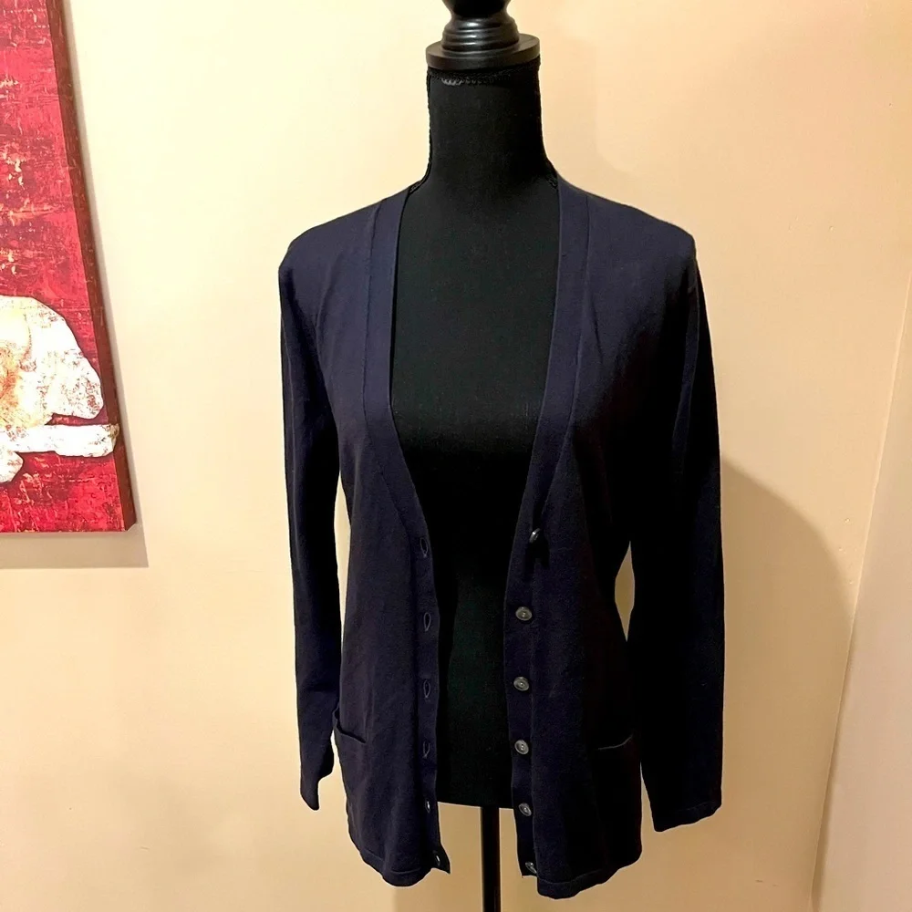 Navy Button front cardigan with patch pockets, size M